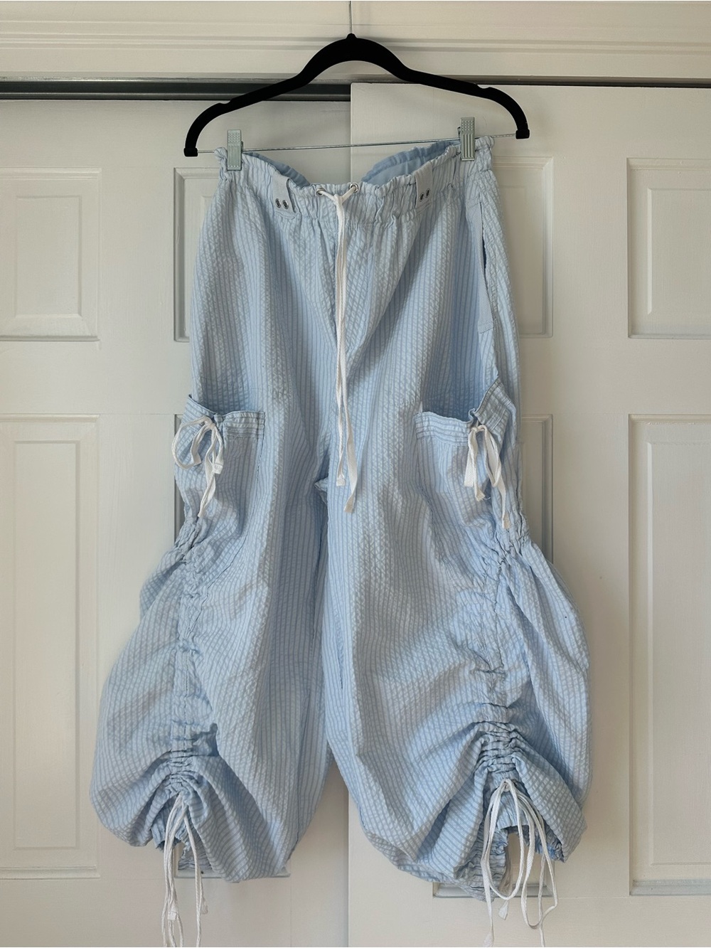 Angel Kiss Light Blue Drawstring Cargo Seersucker Joggers